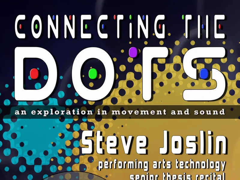 Connecting the Dots poster with bold white lettering and coloured dots on a halftone background